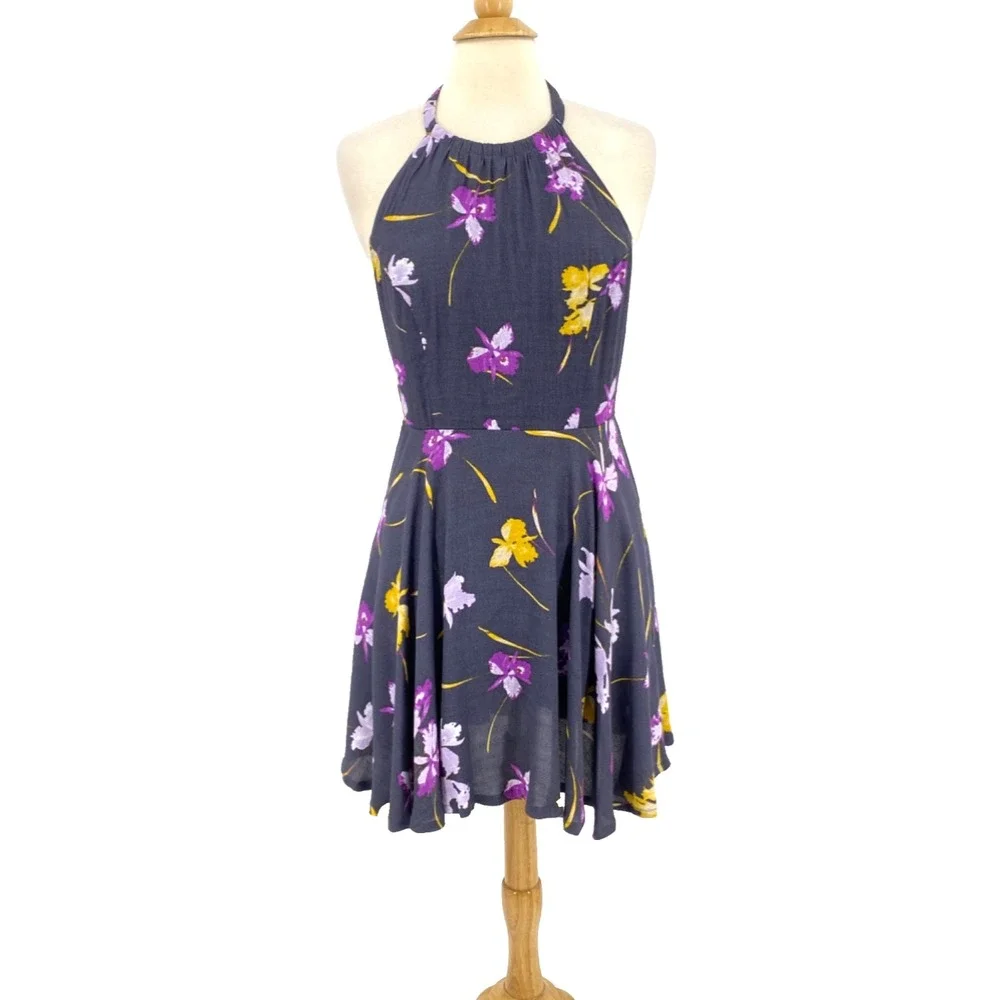 Free People Halter Swing Dress size 6 Gray Viscose Floral purple yellow - Picture 1 of 12